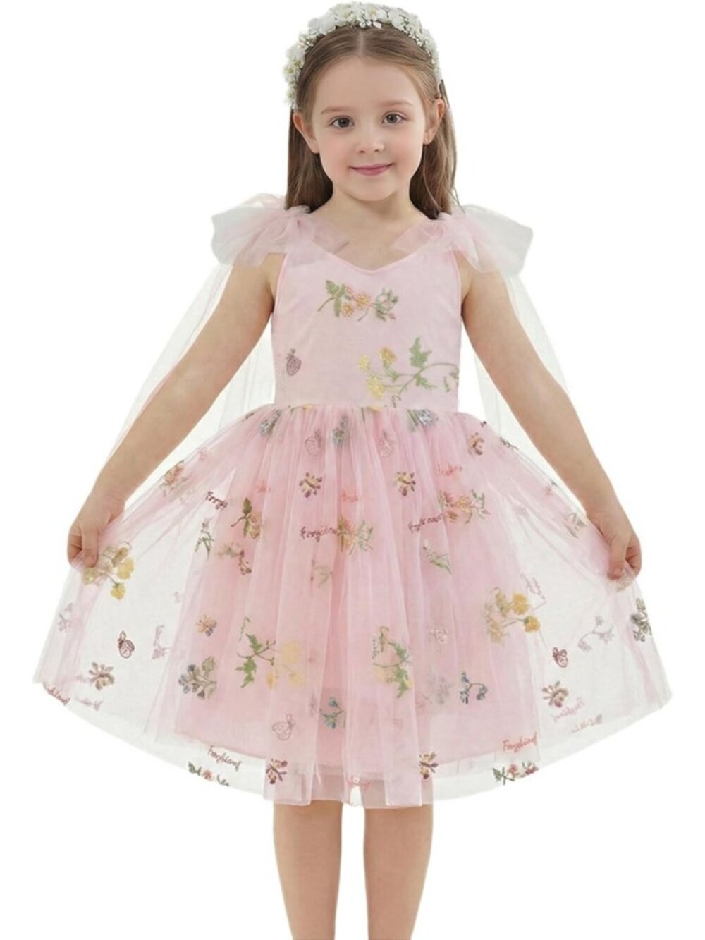 Enchanted Floral Embroidered Tulle A-Line Garden Party Dress for Girls